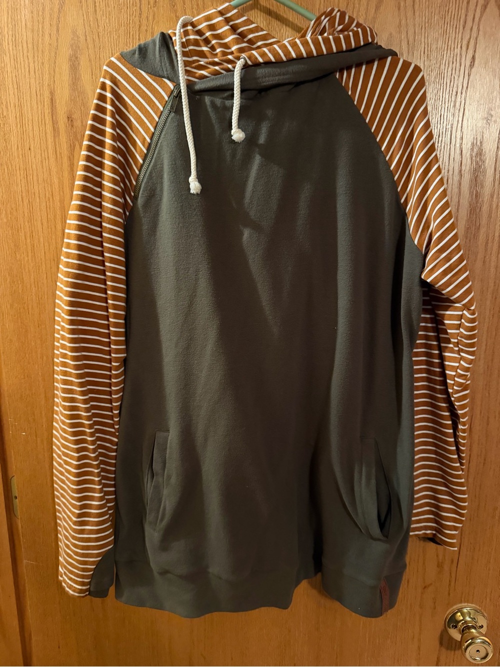 AMPERSAND AVE Olive Hoodie with Brown & White Striped Raglan Sleeves
